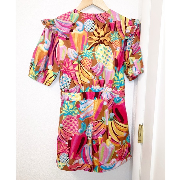 FARM RIO Fruit Salad Playsuit Romper Deep V Ombré Ladder lace Pockets SZ: Small - Picture 13 of 14